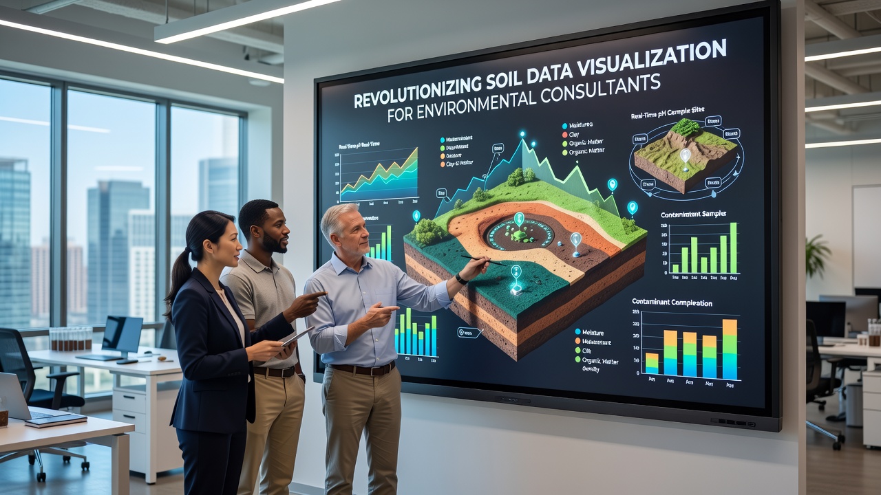 Environmental consultant analyzing layered soil contamination maps on a large digital display