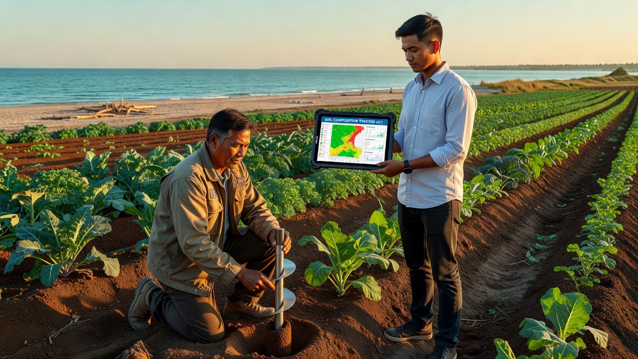 Coastal farm field with embedded soil sensors connected to a tablet interface showing composition trends